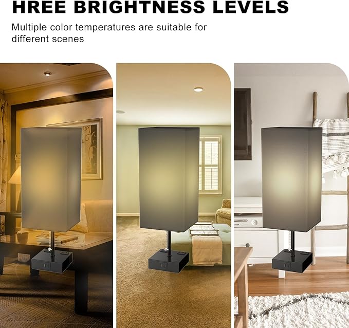 YIDPU Table Lamp for Bedroom with USB,Bedside Lamp with USB C+A Charging Ports,Adjustable 3color LED Light for Home Decor/Nightstand/Office,Included Bulb and Fabric Lamp Shade (Linen Black, 2PCS)