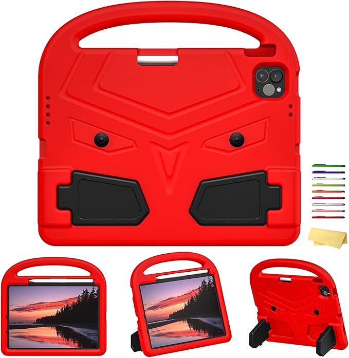 Kids Case for Apple iPad Pro 11 inch M5/M4 Tablet (2025/2024) with Pencil Holder/Handle/Kickstand Slim Lightweight Cute Soft EVA Foam Shockproof Stand Cover for Boys Girls Teens, Red Bird