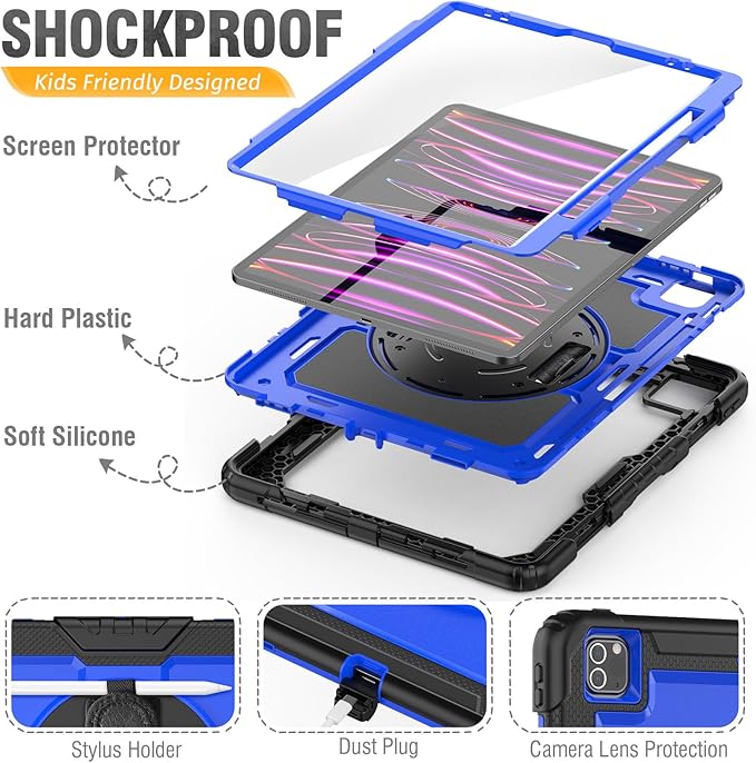 HXCASEAC Case for iPad Pro 12.9 Case (6th 5th 4th 3rd Generation), Shockproof Design | Pencil Holder | Hand Strap | Screen Protector | Heavy Duty Protective iPad 12.9 inch 2022/2021/2020/2018 - Blue