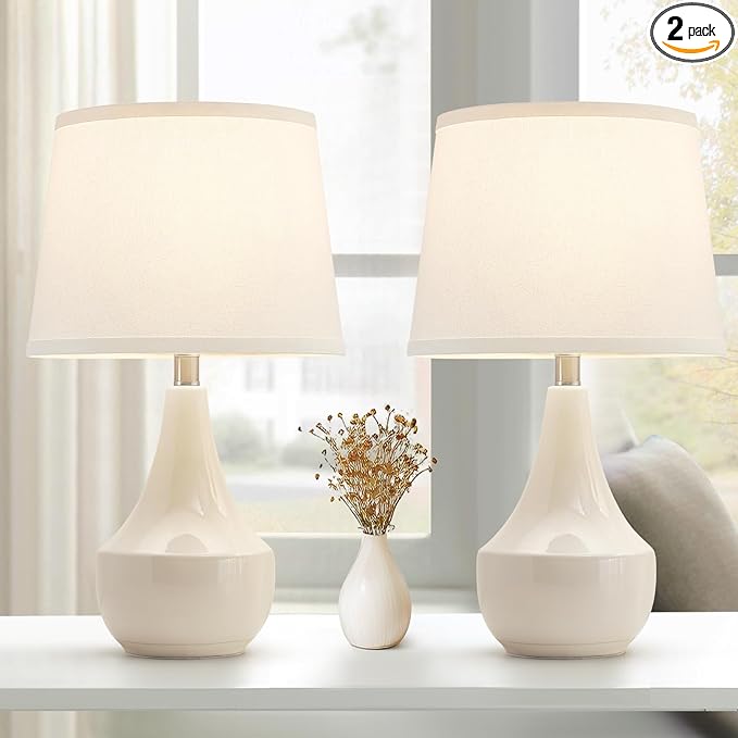 GyroVu 18" Table Lamp Set of 2, Ceramic Table Lamp Classic Beside Lamps Nightstand Lamp Modern Lamp for Living Room, Bedroom & Office Rocker Swtich Cream-LED Bulbs Included