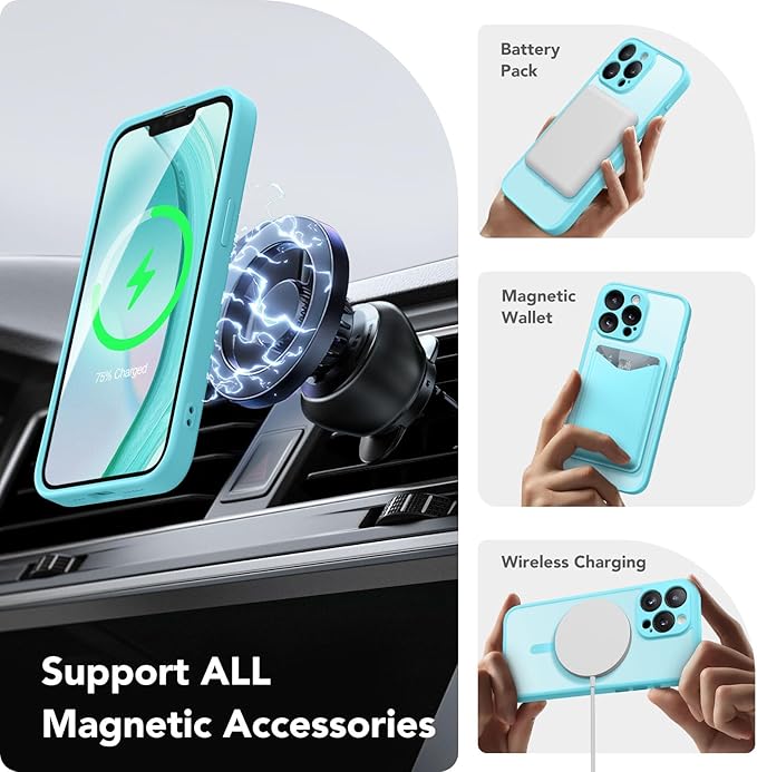 CAPRRO Magnetic for iPhone 13 Pro Max Case, [Compatible with MagSafe] [Full Camera Protection] Shockproof Protective Slim Translucent Matte Phone Case for iPhone 13 Pro Max 6.7'', Turquoise Blue