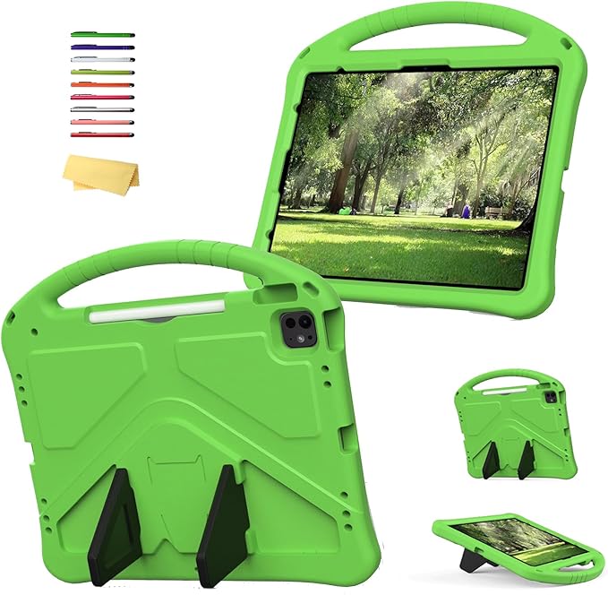 Kids Case for iPad Pro 13 inch M5/M4 (2025/2024) with Kickstand/Pencil Holder/Handle Stand Lightweight Soft EVA Foam Shockproof Heavy Duty Rugged Protection Kids Girls Boys Cover, Green