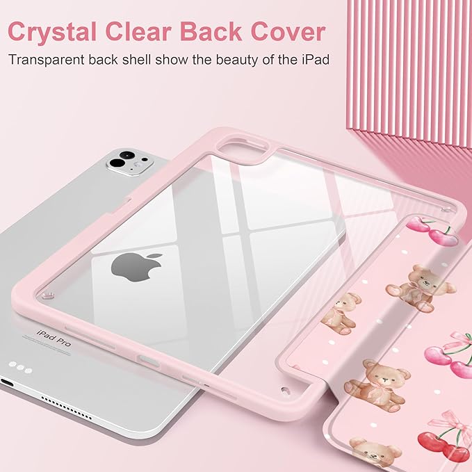 TWOLSKOO Case for iPad Pro 11-inch (M5 2025 / M4 2024), Clear Acrylic Back with TPU Bumper, Pencil Holder, Trifold Stand, Auto Sleep/Wake, Lovely Bear
