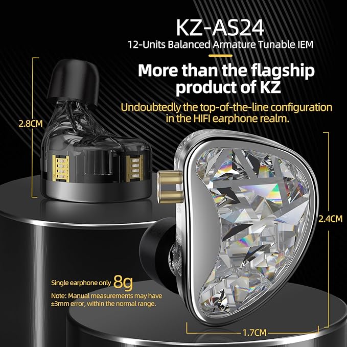 KZ AS24 in-Ear Monitor Headphone 24BA Drivers High-Performance IEM Earphones with 8 Tuning Switches, Noise Isolation Wired Earbuds for Musicians (Tuning Version,Black,no mic)