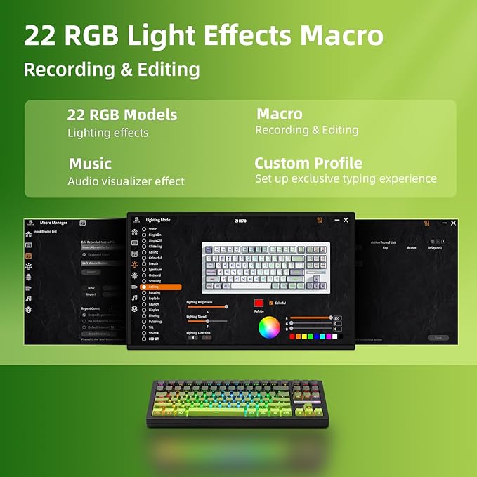 ZORNHER ZH870 Wireless Mechanical Gaming Keyboard,80% Green Custom Creamy Sound Keyboard with Shine Through PBT Keycaps,Pre-lubed Linear Switches,Hot-Swappable,RGB Backlit,2.4GHz/USB-C/BT5.0