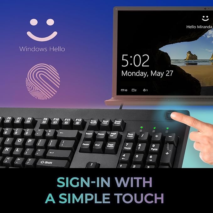 Adesso TAA Compliant Fingerprint Keyboard with AES 256 Encryption USB Wired Full Size 104 Key Layout Windows Hello Compatible Made in Taiwan for Government Business Education AKB-630FB-TAA