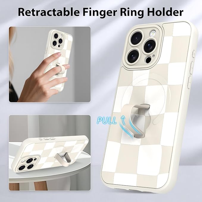 KANGHAR Compatible with iPhone 15 Pro Max Case, Support for MagSafe, Silicone Checkered Cute Pattern, Wristband Kickstand Camera Protection Soft Slim Cover for Girls Women -White