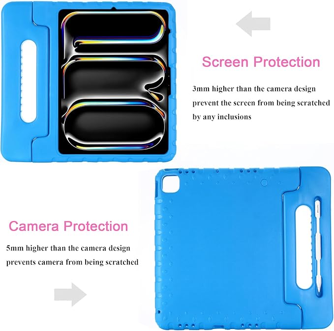 for iPad Air 13-inch Case M3/M2 (2025/2024) for Kids with Pencil Holder/Kickstand, Anti-Slip Handle Stand Lightweight Soft EVA Foam Shockproof Rugged Bumper Tablet Protective Cover, Blue