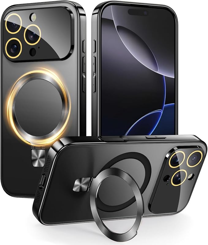 TOBOVON Magnetic for iPhone 16 Pro Case with Ring Stand, Fits MagSafe, with Built-in Camera Lens Protector, Slim Electroplated Shockproof Phone Cover, Black