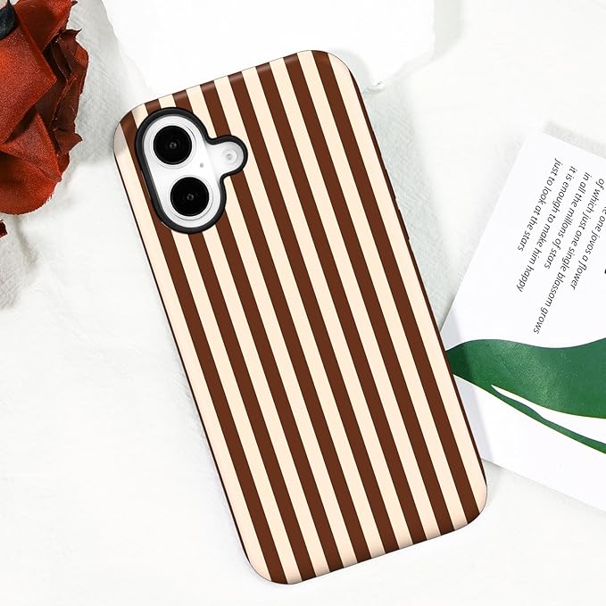 Magnetic for iPhone 16 Case Cute Stripes Phone Case, Shockproof Slim TPU and Hard PC Protective Phone Cover Compatible with MagSafe Designed for Women Girls, Brown