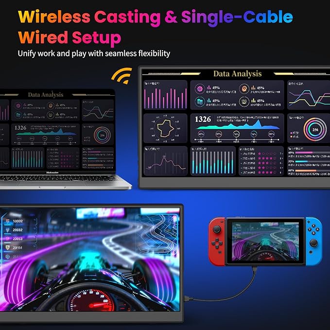 Wireless Portable Monitor, 15.6" 1080p FHD 60Hz Wireless Monitor for Laptop with Auto Rotation, Second Travel Portable Screen for PS4/5/Switch/MAC/Phone