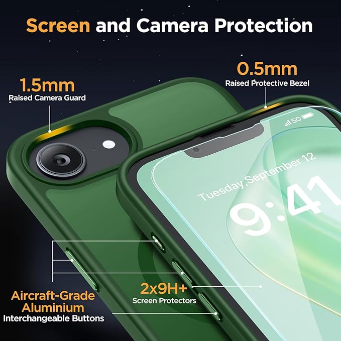 Miracase for iPhone 16e case & iPhone 17e Case for MagSafe [with 2×9H+ Screen Protectors] TOP Military-Grade Protection Shockproof with Velvet Touch for iPhone 16e/17e Phone Case 6.1", Dark Green