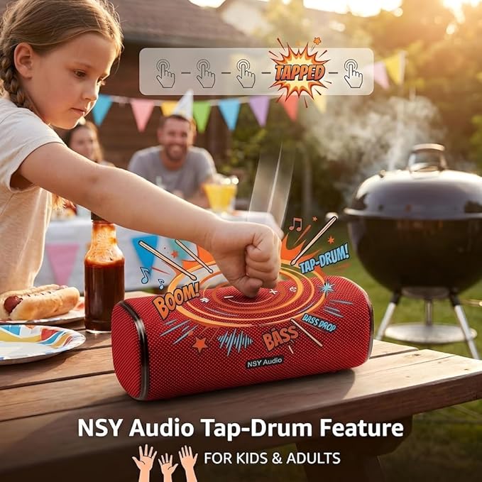40W Bluetooth Shower Speaker, IPX7 Waterproof Floating Pool Speaker with Interactive Tap-to-Play Drum Beats, RGB Sync Lights, Built-in Mic for Hands-Free Calls, Red