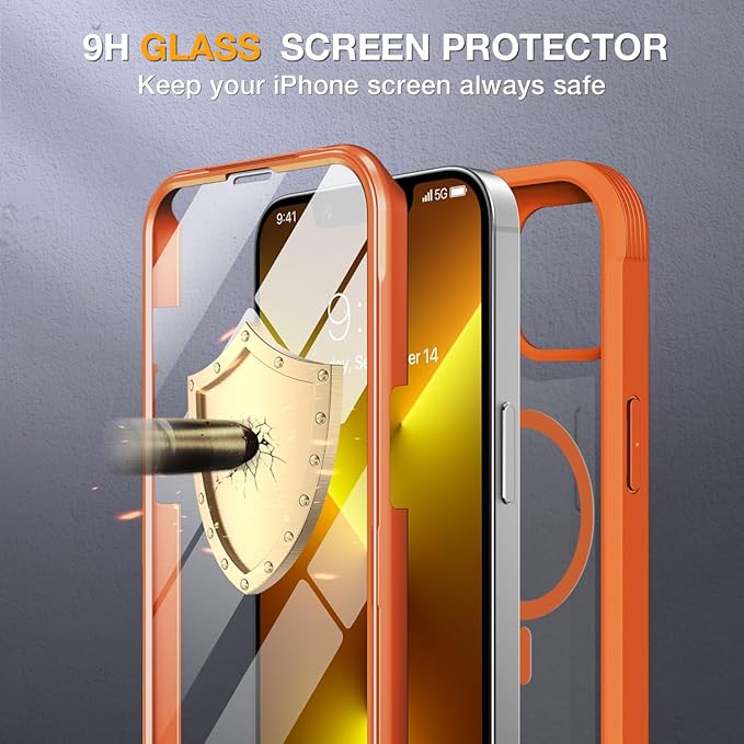 Miracase for iPhone 13 Pro Case 6.1",Full-Body Protection,Clear Bumper Case with Built-in 9H Tempered Glass Screen Protector,Military-Grade Drop Protection Outdoor Phone Case for iPhone 13 Pro,Orange