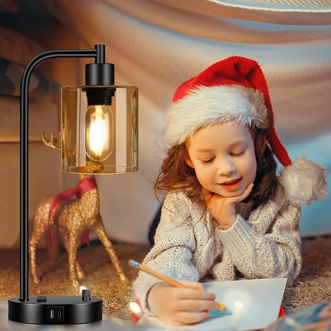 Lynnoland Set of 2 Industrial Table Lamps with USB C+A Ports and Outlet, Black Nightstand Lamps with Amber Glass Shade for Reading Living Room Office (2 LED Bulb)