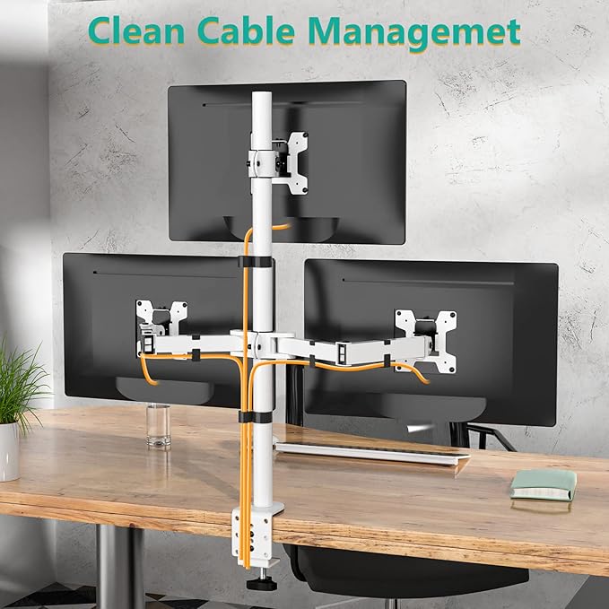 WALI Tall Triple Monitor Stand, Fully Adjustable Three Monitor Desk Mount Fits 3 Screens up to 27 inch, 22 lbs. Weight Capacity per Arm (M003-W), White