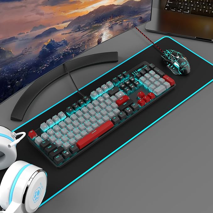 MageGee Mechanical Gaming Keyboard, New Upgraded 104 Keys Blue Backlit Keyboards with Blue Switches, USB Wired Mechanical Computer Keyboard for Laptop, Desktop, PC Gamers(Black & Gray)