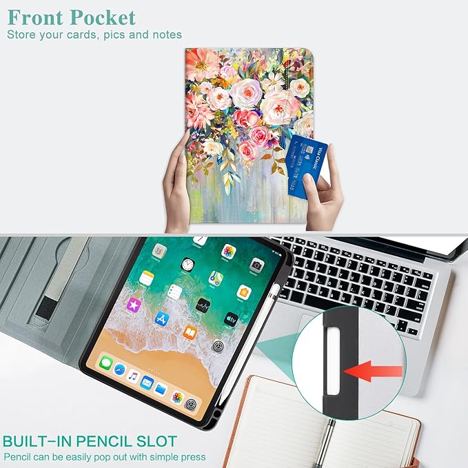 for iPad (A16) 11Th/10Th Generation Case 2025/2022, for iPad Case 11th/10Th Generation 360 Degree Rotating 4 Viewing Angles Pencil Holder/Hand Strap/Pocket Auto Wake/Sleep, Floral Flower