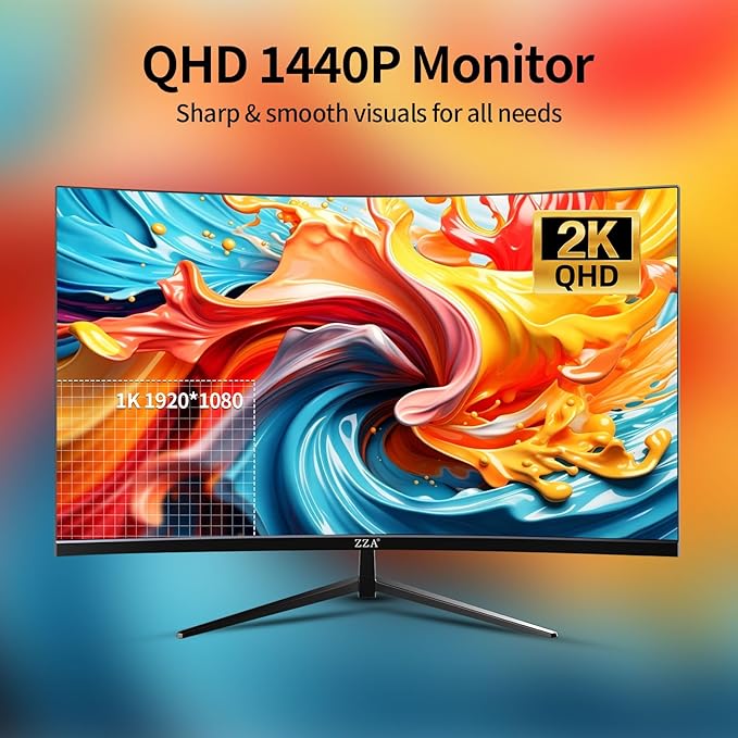 ZZA 27 Inch Curved Gaming Monitor-2K QHD (2560x1440) 75Hz Display,HDMI/DP USB Connectivity,Tilt Adjustable,Wall Mountable,Perfect for PC Gaming Office