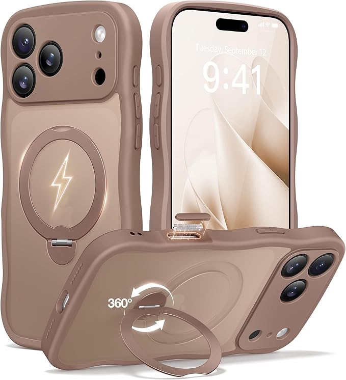 CAPRARO for iPhone 17 Pro Case with 360° Spin Magnetic Stand for Women, [Compatible with MagSafe] [Full Camera Protection] Cute Wave Translucent Matte Case for iPhone 17 Pro, Brown