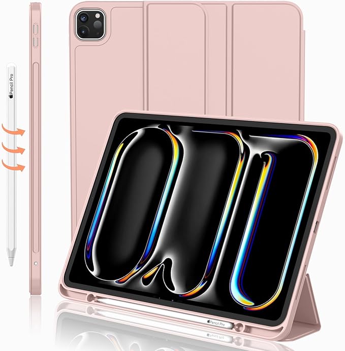 iMieet Case for iPad Pro 11 Inch (M5) 2025 /(M4) 2024 5th Gen, Trifold Stand Smart Cover with Pencil Holder and Soft TPU Back, Auto Wake/Sleep (Rose Pink)