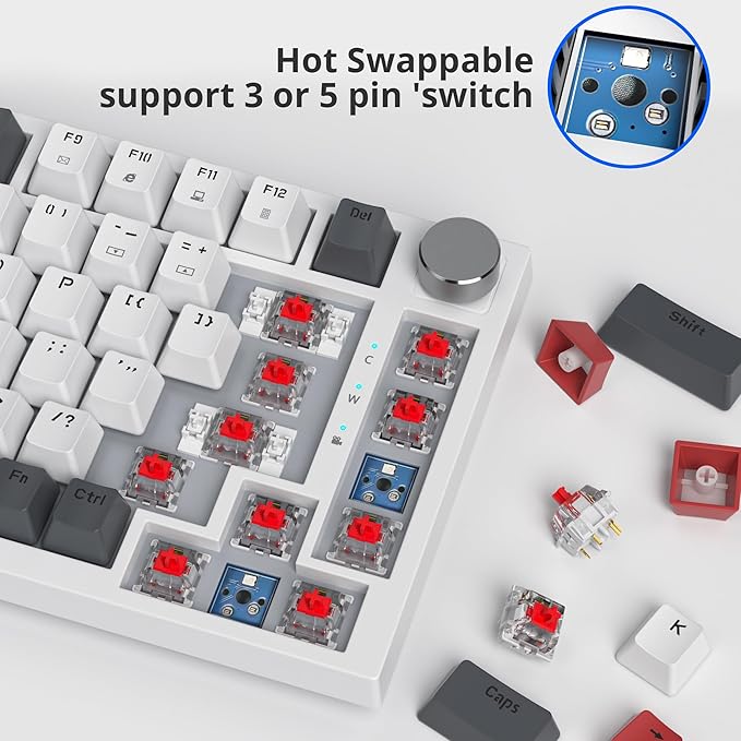 Fogruaden Wired 75% Percent Mechanical Keyboard, Hot Swappable, Red Switch, TKL Mechanical Keyboard, Gasket Mount, RGB Backlit Compact Gaming Keyboard with Volume Knob(GreyWhite)