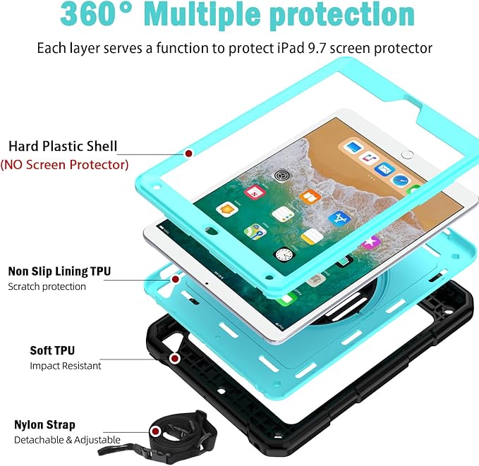 BMOUO Case for iPad 6th 5th Generation (9.7 inch, 2018/2017), 3 Layer Shockproof [360 Swivel Stand][Hand Strap][Pencil Holder] Kids Case for iPad 9.7 inch 2018/2017,Sky Blue
