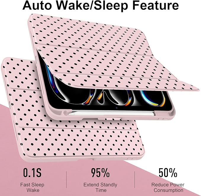 Case for iPad Pro 11 Inch (M5 2025 M4 2024) – [Built-in Pencil Holder], Shockproof & Stylish, Clear Hard Back + Soft TPU Edge, Magnetic Trifold Stand, Auto Wake/Sleep, Pink Polka dot