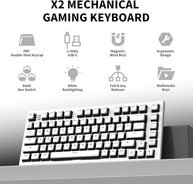 Hexgears X2 TKL Wireless Mechanical Gaming Keyboard with Magnetic Wrist Rest, Dual-Mode 2.4GHz/USB-C Ergonomic Keyboard, Pre-lubed Tactile Switches, White LED Backlit Computer Gaming Keyboards