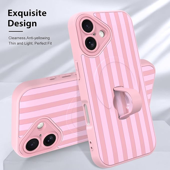 KANGHAR Compatible with iPhone 17 Case, Support for MagSafe, Silicone Stripes Cute Pattern, Wristband Kickstand Camera Protection Soft Slim Cover for Girls Women -Pink
