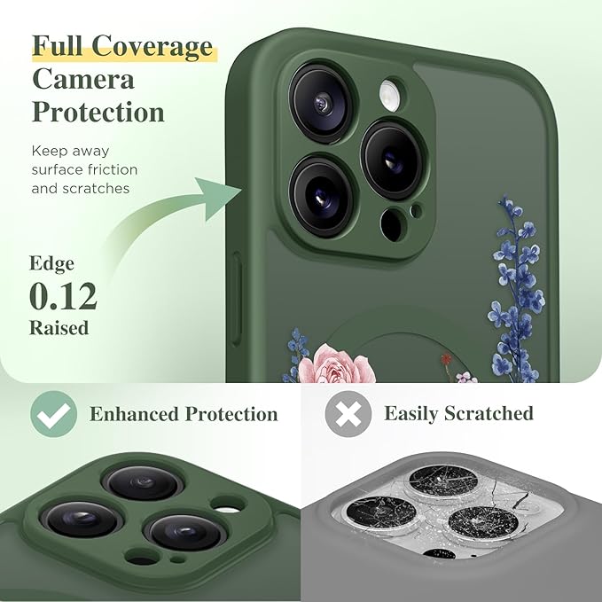GVIEWIN for iPhone 15 Pro Max Case Compatible with MagSafe, [Military Grade Protection] [Screen Protector] Full Camera Protection Floral Translucent Women Magnetic Phone Case, Lush Garden/Forest Green