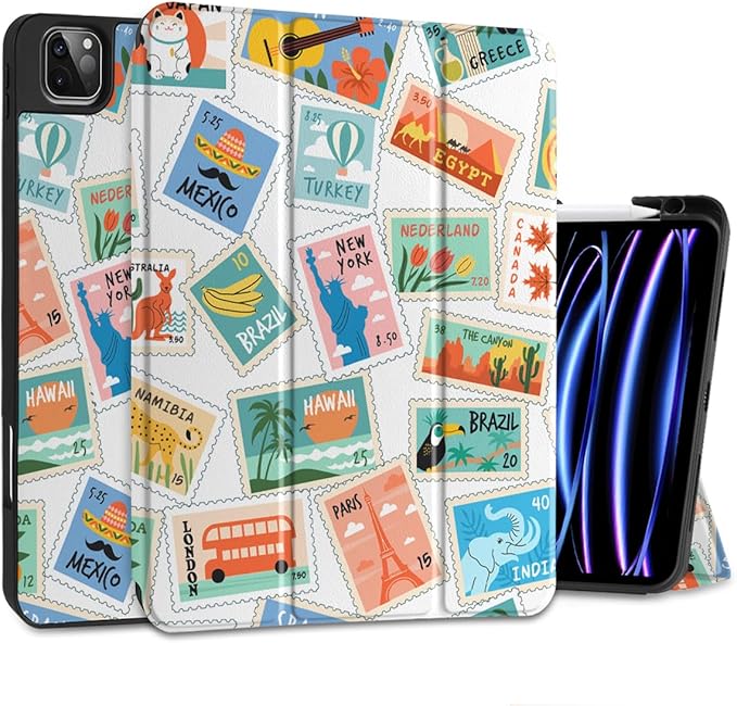 DONGKE Case for 2022/2021/2020/2018 iPad Pro 11 inch Gen 4/3/2/1 - Slim Protective Case - Built in Pencil Holder Support Charging - Trifold Stand & Sleep/Wake Cover- Post Stamps