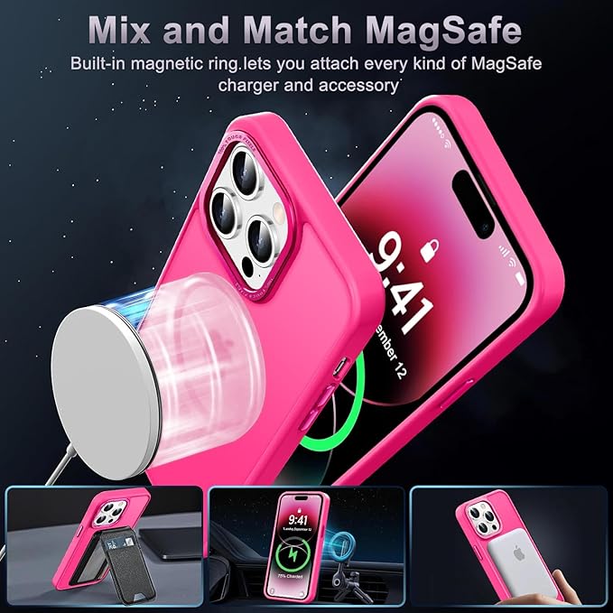 Newfuture Designed for iPhone 14 Pro Case with Magnetic [13 FT Military Drop Protection] [Compatible with Magsafe] Slim Translucent Matte Shockproof with Anti-Fingerprint Phone Case, Hot Pink
