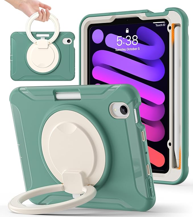 BATYUE Shockproof Case for iPad mini 7 (A17 Pro)/ Mini 6 8.3 inch (2024/2021) - 360° Multi-Angle Stand (Portrait & Landscape) & Grip, Built-in Pencil Holder, Jade Green