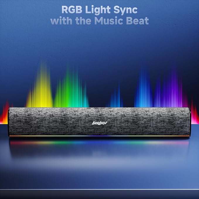SOULION Bluetooth Computer Speakers with Dynamic LED Light, USB Plug & Play PC Speakers with Switch Button, Clearly Sound Soundbar for Desktop Laptop Monitor MG(USB-C to USB Adapter Included)