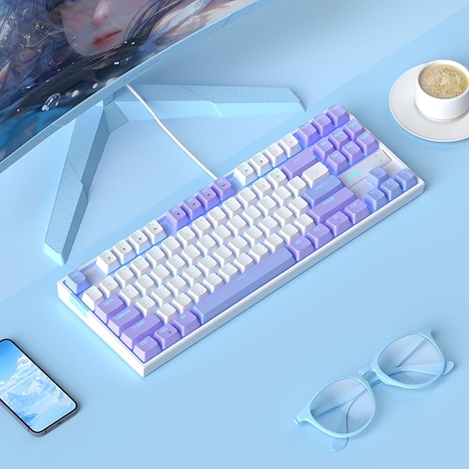MageGee 75% Mechanical Gaming Keyboard, Red Switch, LED Blue Backlit, 87 Keys Compact TKL Wired Computer Keyboard for Windows Laptop PC Gamer - White/Purple