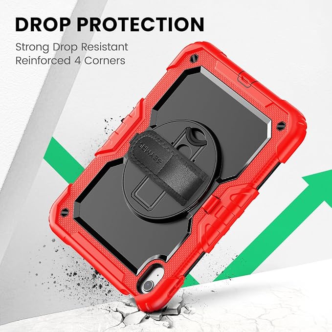 SEYMAC Case for iPad (A16) 11th/10th Generation 2025/2022 (11″/10.9″), Sturdy Heavy Duty Full-Body Shockproof Protective Case with Screen Protector, Rotating Stand, Hand/Shoulder Strap, Black/Red