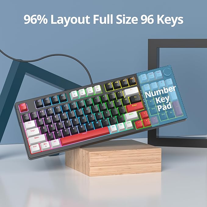 Surmen Creamy Keyboard with Number Pad, 96% RGB Mechanical, Full Gasket Mounted, Hot Swappable, Custom Wired Thocky Keyboard with Knob for Office Gamers (Black)