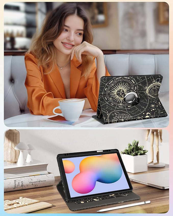 Kidcube for Samsung Galaxy Tab S6 Lite Case 10.4 Inch 2024/2022/2020 - Women Girls Cute Rotating Stand Folio Cover with Pencil Holder & Card Slot Girly Sun Moon Stars Design Cases for Tab S6 Lite