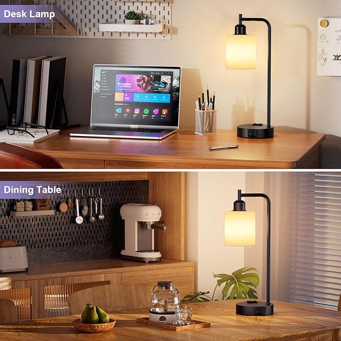 Industrial Touch Bedside Lamps for Bedrooms Set of 2 - 3-Way Dimmable Nightstand Lamps with USB C+A Ports and Outlet, Table Lamps with Opal Glass Shade for Living Room, Desk Lamps for Home Office