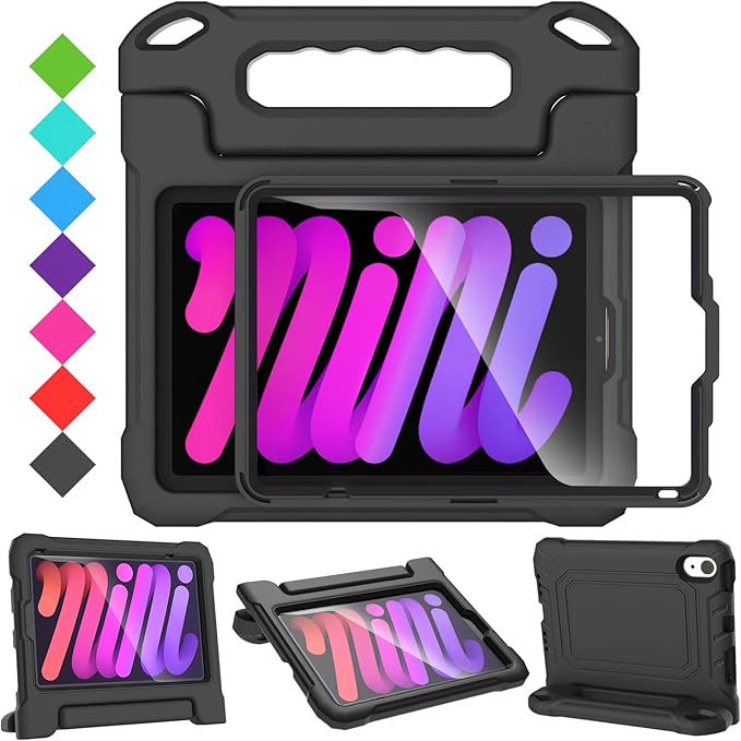 SUPLIK Kids Case for iPad mini 7 (A17 Pro) 2024 & Mini 6 2021, iPad mini 6th/7th Generation Case with Screen Protector, Durable Shockproof Handle Stand Cover for 8.3-inch iPad mini 6/7 Gen, Black