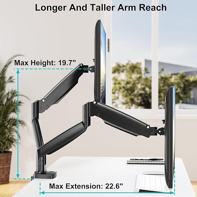 MOUNT PRO Dual Monitor Desk Mount fits 22” to 39” Ultrawide Computer Screen, Holds up to 30.9lbs Each, Fully Adjustable Long Monitor Arm for Two Monitors, Gas Spring Monitor Stand, 100x100 VESA Mount