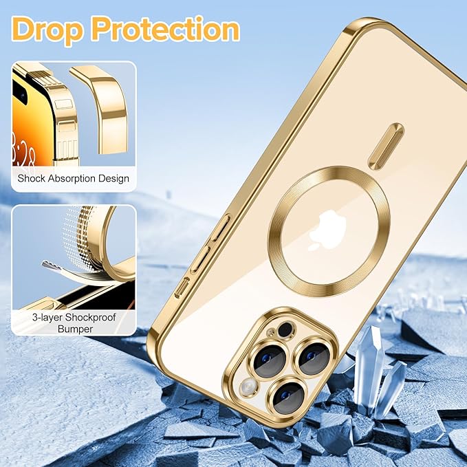 Hython Magnetic Clear for iPhone 14 Pro Case with Camera Lens Protector [Compatible with MagSafe] Luxury Plating Edge Slim Soft TPU Cover Protective Phone Case for iPhone 14 Pro 6.1", Gold