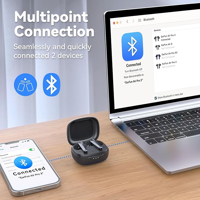 EarFun Air Pro 3 Noise Cancelling Earbuds, Qualcomm® aptX™ Adaptive Sound, 6 Mics CVC 8.0 ENC, Bluetooth 5.3 Earbuds, Multipoint Connection, 45H Playtime, App Customize EQ, Wireless Charging