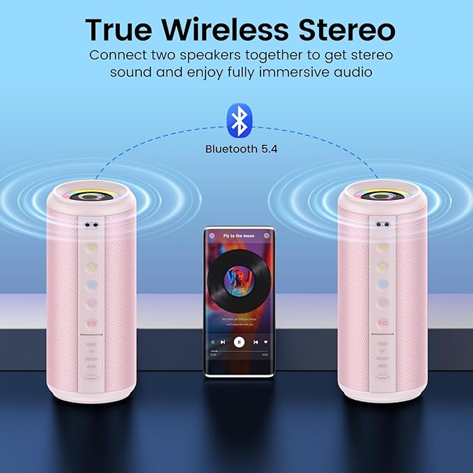 Portable Bluetooth Speaker, 2026 Bluetooth 5.4 Wireless Speaker with 20W HD Loud Stereo Sound, 20H Playtime, LED Lights, IP7, TWS Pairing, Built-in Mic, for Outdoor, Home, Beach, Party, Gift, Pink