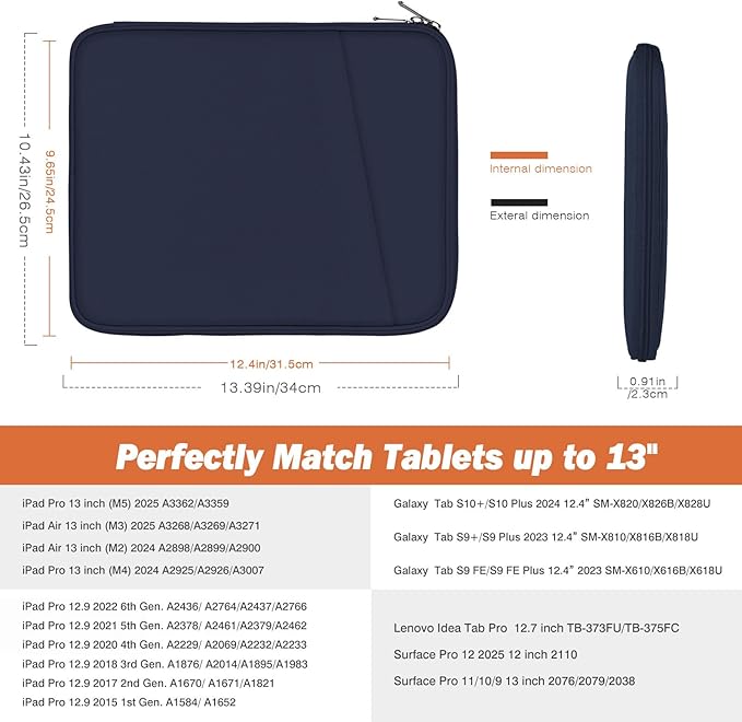 MoKo 13 Inch Tablet Sleeve Bag, Compatible with New 13 Inch iPad Pro M5 & Air M4/M3, iPad Pro 12.9 inch M2&M1, Galaxy Tab S8+/S9+ 12.4", Waterproof Bag Carrying Case with Pocket, Dark Blue