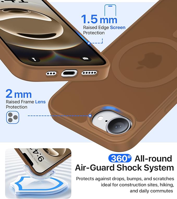 Eastinbox Magnetic Shockproof for iPhone 17e & iPhone 16e Case [Compatible with MagSafe] [Military-Grade Protection] Anti-Yellowing, Matte Protective Phone Case for iPhone 17 e/16 e 6.1", Brown
