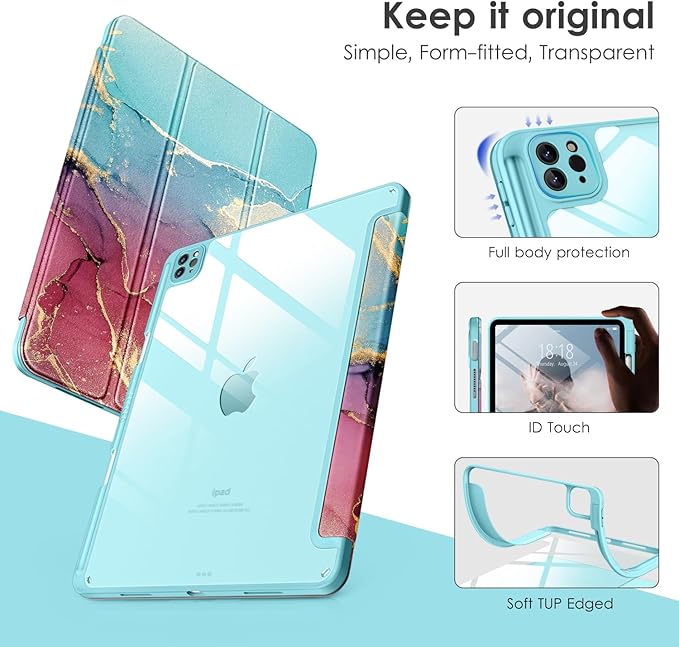 VIKESI for iPad Pro 11 Inch 4th/3rd/2nd/1st Generation Case, iPad Air 11-inch / 5th / 4th Generation Case with Clear Back,Pencil Holder,Auto Sleep/Wake,Camera Protection,Sky Marble