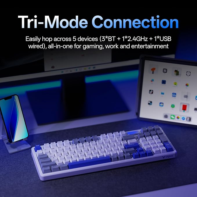 Rapoo V700DIY-98 Wireless Mechanical Keyboard, BT5.0 + 2.4GHz, Hot Swappable Custom Gaming Keyboard, Speed Silver Linear Switch, 16.8M Per-Key RGB, Gasket Mount, Creamy Sound, Full Anti-Ghosting, Blue