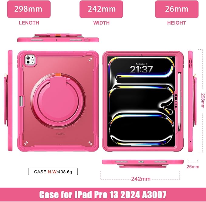 Batianda for iPad Pro 13 inch Case 2025 M5 2024 M4 Chip Lightweight Dual-Layer Protective Tablet Cover, Durable Shock-Absorbing Corners with 360° Rotating Kickstand Ring Built-in Pen Slot, Pink